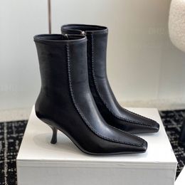 Toteme Heel Leather Shoes Stiletto Ankle Boots 6.5cm Zip Mid-heel Fashion Booties Kitten Heels Luxury Designer Boots Womens