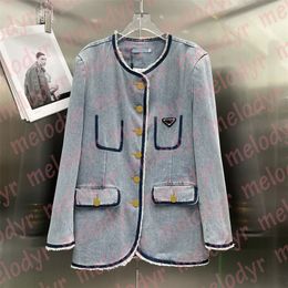 Women Denim Jackets Metal Triangle Long Style Jacket Autumn Designer Long Sleeve Jacket Gold Buckle Round Neck Coat