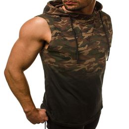 Gym Mens Muscle Sleeveless Tank Tops Hooded T-Shirts camouflage 3D digital gradient print hooded sleeveless vest T-shirt male201p