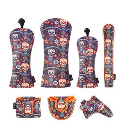 PU Leather DIA DE LOS MUERTOS Printing Golf Club Headcover Driver Fairway Wood Hybird Blade Mallet Putter Covers