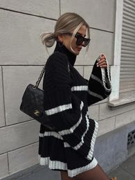 Women's Sweaters Striped Knitted Cashmere Sweater Turtleneck Women Long Flare Sleeve Elegant Loose Autumn Jumper Female Winter Casual