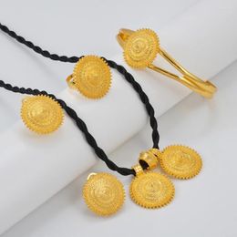 Necklace Earrings Set Anniyo Ethiopian Pendant Black Rope Bracelet Ring Eritrean Habesha Wedding Dowry Accessories #180916H