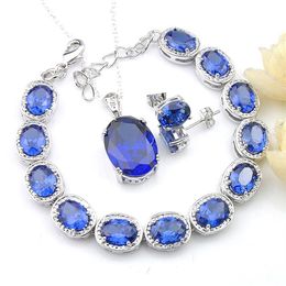 Halloween Gift Stud Earrings Pendants Bracelet 3Pcs Jewelry Sets Oval Blue Topaz 925 Silver Necklaces Sets Fashion For Women Jewel315i