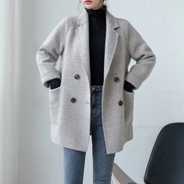 Women's Wool Blends Naizaiga 100 doublesided long coat beige Small Plaid Loose Causal Sleeve Winter Woolen Overcoat KSDR6 231017