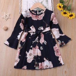 Girl Dresses Children's Clothes Girls Floral Long Sleeve Autumn Fashion Princess Dress Belt Bow Vestido