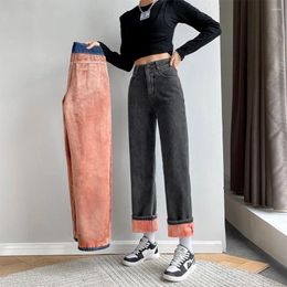 Women's Jeans -20 Winter Women Thick Velvet Fleece Full Length Fashion High Waist Wide Leg Pants Jean Casual Warm Denim Trousers