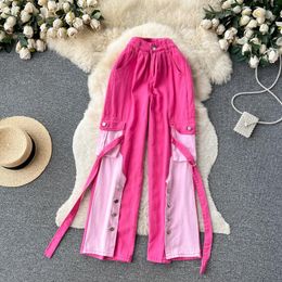 Women's Jeans Clothland Women Sweet Pink Zipper Pockets Beading Tie High Waist Cargo Pants Streetwear Chic Trousers Mujer KA374