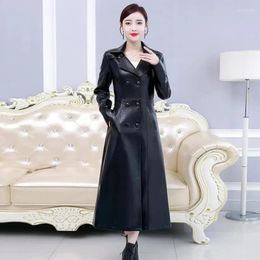 Women's Leather Spring Autumn Long Black Soft Sheepskin Coat Women Sleeve Double Breasted Slim Fit Elegant Jacket