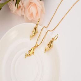 k Solid Yellow Gold Finish Small Cute Dolphin Beautiful Pendant Necklaces and Earrings Mermaid Papua Guinea Jewelry Party Gifts213w