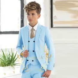 Casual Light Blue Boys Formal Suits Clothing Set Kids Coat Vest Pants 3Pcs Wedding Tuxedo Suit Children Blazer Party Costume