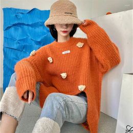 Women's Sweaters Net Red Split Sweater Women Autumn /Winter 2023 Lazy Loose Round Neck Bear Knit Top
