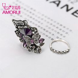 AMORUI Vintage Jewelry rings Antique Silver Color Blue Purple Crystal Flower Butterfly Finger Ring For Women Wedding Set Rings271A
