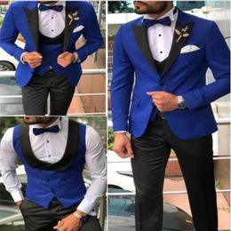 Men Suits Royal Blue and Black Groom Tuxedos Shawl Satin Lapel Groomsmen Wedding Man Jacket Pants Bow Tie Vest C680225o