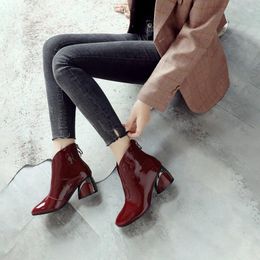 Boots Plus Size 34-43 Fashion Autumn Winter Patent Leather Women Zip Ankle Botas Short Plush Chunky Heels High Shoes