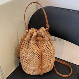 Shoulder Bags Summer Straw Soulder Bags Drawstring Women's Straw Bucket Bag Purse Woven Straw andbags Casual Crossbody Bagstylishhandbagsstore