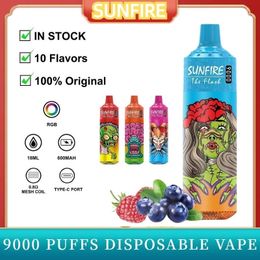 Sunfire 9000 Puffs Disposable Vape Pen puff 7k 9k 12k Electronic Cigarettes 18ml Pod Mesh Coil Puff 9k Rechargeable 0mg 20mg 30mg 50mg Device Vaporizer Lush Ice Flavour