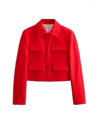 Women's Suits Autumn Women Long Sleeve Lapel Collar Red Cropped Flap Blazer Coat