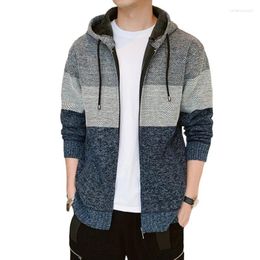 Men's Sweaters 2023 Thick Cardigan Mens Sweater Zipper Striped Hooded Colorblocking Fashion Warm Slim Knitted Male Fleece Hoodies Coats