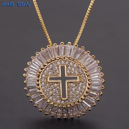 MHS SUN Luxury Round CZ Zircon Necklace Catholic Cross Pendant Chain Necklace Collier Femme Gold Colour Jewellery Christmas Gift3125