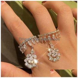 Wedding Rings Wedding Rings Shiny Rhinestone Zircon Butterfly Pendant Round Open Jewelry For Women Crystal Water Drop Adjustable Finge Dhtth