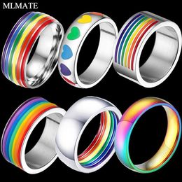 Mens Womens Rainbow Colourful LGBT Pulsera Ring Stainless Steel Wedding Band Lebian & Gay Rings Drop 272E