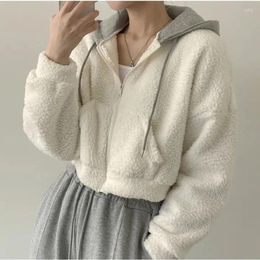 Women's Hoodies Fashion Lamb Wool Zip Up Solid Short Coat Women Sweet Loose Long Sleeve Pocket Sweatshirt Top Clothes