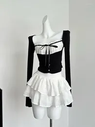 Work Dresses Sweet Romantic 2000s Aesthetics Fashion Gyaru Outfits 2 Piece Set Plaid Square Collar Crop Tops Lace Up White A-Line Skirts