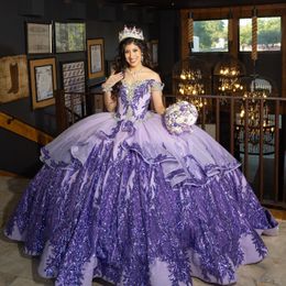 Purple Shiny Quinceanera Dresses 2024 Lace Appliques Beads Mexican Sweet 16 Ball Gown Vestidos Butantes 15 anos