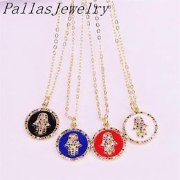 Pendant Necklaces 10Pcs Fashion Rainbow CZ Pave Hamsa Hand Enamel Charm Round Gold Jewellery For Women1232E