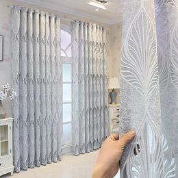 Curtain Luxury Grey Floral Sheer Curtains for Living Room Jacquard Hollow Geometric Leaf Voile Villa Patio French Window Drapes Tenda 231018