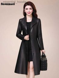 Women's Leather Faux Leather Nerazzurri Spring autumn long black soft faux leather coat women long sleeve buttons slim fit Elegant leather jacket women 2021 L231018