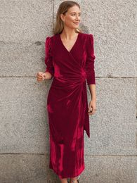 Urban Sexy Dresses Autumn Velvet Midi Dress V Neck Long Sleeve Ruched Elegant Bodycon Black Women Clothing 2023 Arrivals Vestidos 231018