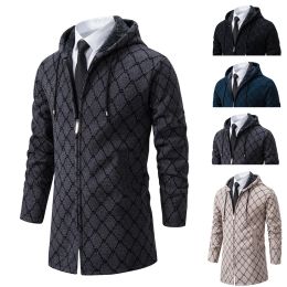 Autumn and Winter New Men's Sweater Coat Mid Length Hooded Casual Windproof British Fashion Thickened Warm