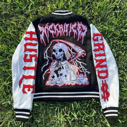 Men's Jackets Y2k Jacket Mens Harajuku Hip Hop Skull Graphic Embroidery Oversized Jacket Retro Gothic Patchwork Baseball Uniform Coat 231017