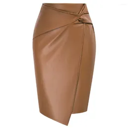 Skirts KK Women PU Leather Pencil Skirt OL Short Knee Length Knot-Front Hips-Wrapped High Waisted Female Harajuku Streetwear