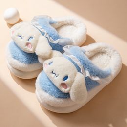 Kulomi children's cotton slippers Autumn and Winter girl Princess cute warm indoor three Lio furry shoes blue