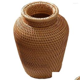 Vases Wicker Basket Rattan Hanging Flowerpot Flower Storage Vase Rustic Woven Pot Drop Delivery Home Garden Dh2R5