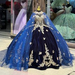 Navy Shiny Sweetheart Quinceanera Dresses Gold Applique Bow Ball Gown Princess Birthday Party Sweet 16 vestidos de 15 With Cape Gothic