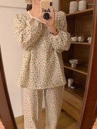 Women's Sleepwear Home Cute Cherry Lace Autumn Long Sleeve Pyjama Set Women Soft Korean Elegant Casual ) Comfortable Princess Ins