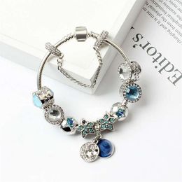 New Charm Bracelets for Blue Cats Eyes Beads Bracelet 925 Silver Bracelets Bright Stars Moon Bangle Diy Jewelry200H