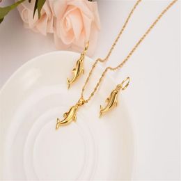 k Solid Yellow Gold Finish Small Cute Dolphin Beautiful Pendant Necklaces and Earrings Mermaid Papua Guinea Jewellery Party Gifts290U
