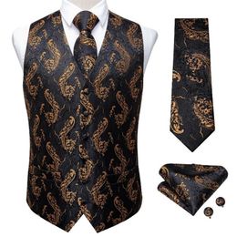 2020 New Fashion Men's Suit Vest Gold Paisley Black Silk Waistcoat Sleeveless Formal Business Jacket Dress Vests For Men DiBa308o