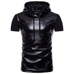 Mens Leather Panelled Hooded Casual T-shirts High Street Short Sleeve Hoodies Male Hip Hop Crew Neck T-shirts213m