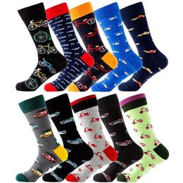 Men's Socks Men Happy Cotton Transportation Design Crew Bicycle Motorcycle Car Helicopter Embroidery Male Skateboard299g