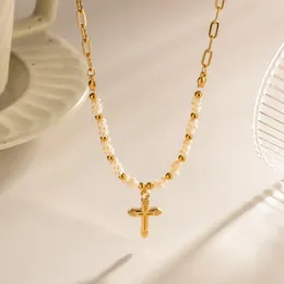 Chains Gold-plated Cross Pendant French Vintage Style Women's Female Necklace Imitation Pearl Stainless Steel Jewelry For Girl