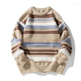 Men's Sweaters EBAIHUI Round Neck Sweater Stripe Contrast Panel Design Male Knitwear Autumn Winter Loose Long Sleeve Pullovers Coat