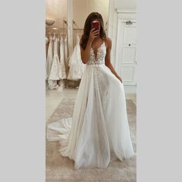 Sleeveless Lace Wedding Dress Beach Women Illusion Back Appliques V-Neck A-Line Bridal Gown Tulle Vestidos 01