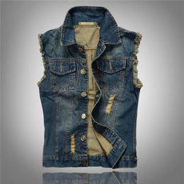 Ripped Jean Jacket Mens Denim Vest Plus Size M - 6XL Jeans Waistcoat Men Cowboy Brand Sleeveless Jacket Male245k