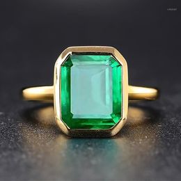 Cluster Rings Real Silver 925 Retro Square Green Stone Ring 18K Gold Colour Cubic Zircon Emerald For Women Anniversary Party Gift2614