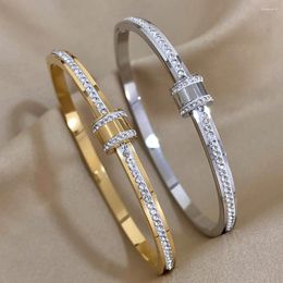 Bangle AENSOA 316L Stainless Steel Classic Zircon Beads Bracelets Bangles For Women Trend Simple Gold Plated Waterproof Jewellery